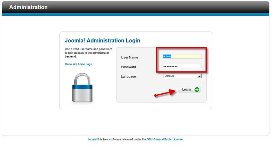 Вводим логин и пароль и переходим в административную панель Joomla 2.5